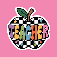 Colorful Teacher Text Inside Checkered Apple Illustration on Pink Background