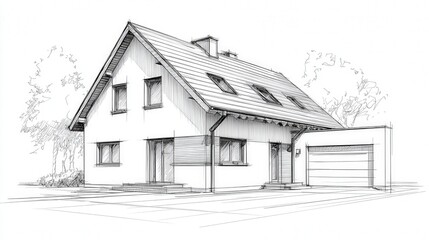 Black and white architectural sketch of a modern two-story house with a garage and surrounding trees.