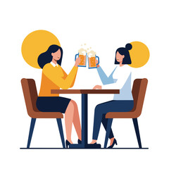 Two women toasting with beer mugs at a table in a casual setting  