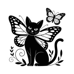 Fantasy Black Cat with Butterfly Wings Illustration