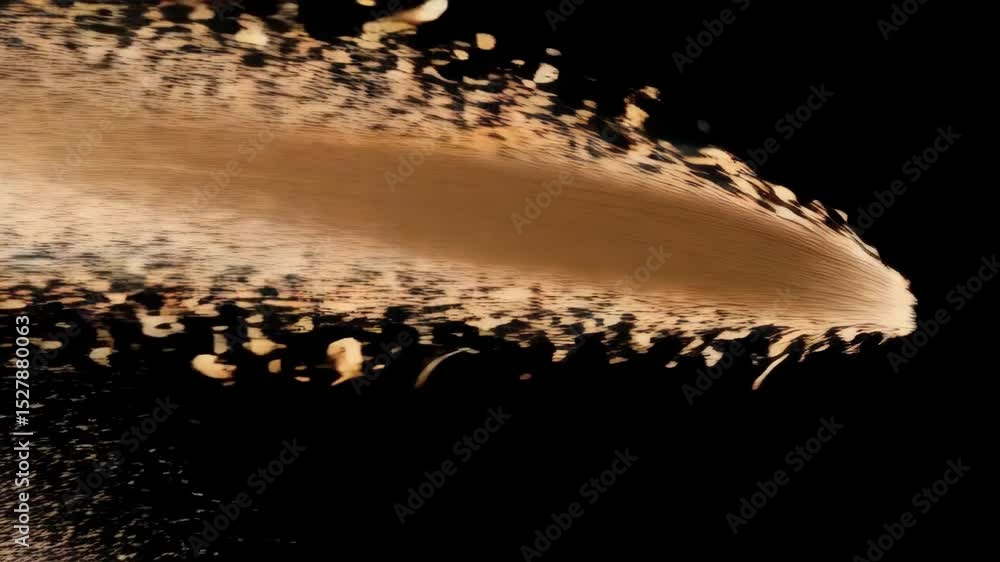 Poster explosion of granular beige substance against a dark background, creating dynamic movement and textu