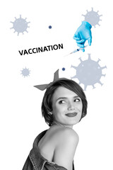 Image zine trend photo collage of happy girl stand bacterium covid sars virus epidemic hand wear...