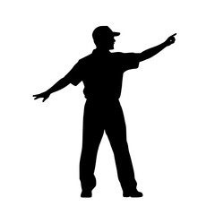 a black silhouette of a man in a hat with his arms out arm, black, hand, hat, man, point, silhouette, stand , Generative art.