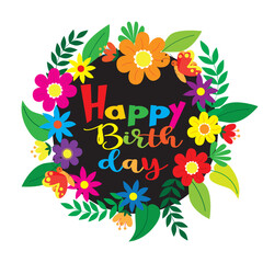 Happy birthday card with butterflies, flowers and leaves design