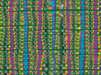 Colorful abstract patterns are spread across the image, forming a kind of explosion or splash effect