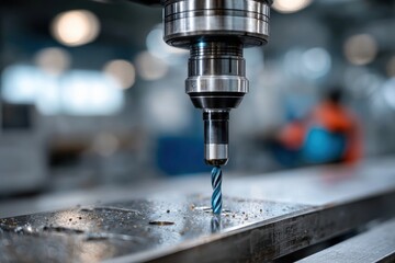 A dynamic shot of a spiral drill bit engaged in metal fabrication, highlighting modern technology in a professional work environment, focusing on precision engineering and craftsmanship.