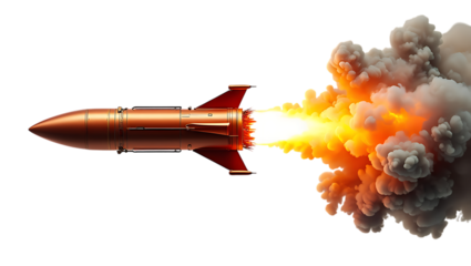 Copper rocket launching with fiery exhaust isolated on white background