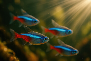 Fototapeta premium Captivating Neon Tetra Closeup Reveals Shimmering Scales and Iridescent Colors in a Peaceful Freshwater Aquarium Setting.