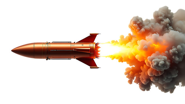 Copper rocket launching with fiery exhaust isolated on white background