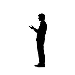 a silhouette of a man talking on the phone with his hands in the air black, hand, man, phone, silhouette, stand, talk , Generative art.