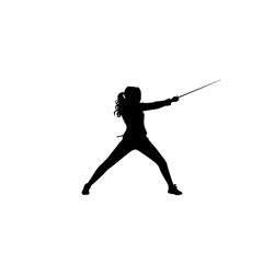 Obraz premium a silhouette of a woman with a sword on a white background black, silhouette, sword, woman , Generative art.