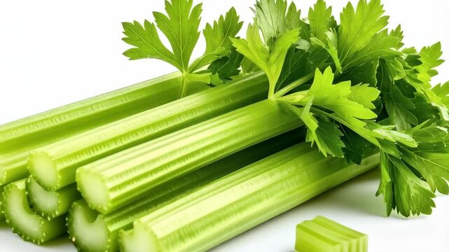 Fresh celery stalks with vibrant green leaves, isolated on a white background in a crisp, clean studio shot.