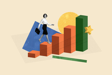Composite zine pop trend collage of happy businesswoman walk chart statistics development star...