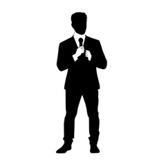 a black silhouette of a man wearing a suit and tie holding a microphone black, hand, hold, man, microphone, silhouette, stand, suit, tie, wear , Generative art.