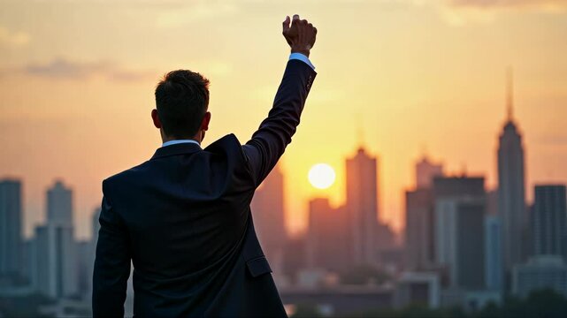 Happy real estate investor celebrates successful deal. A man in a business suit standing outdoors with his arm raised, the setting sun casting a golden light across the urban downtown city background.