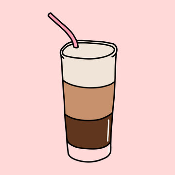 Cold Coffee with Milk with Straw on a Glass Vector Illustration