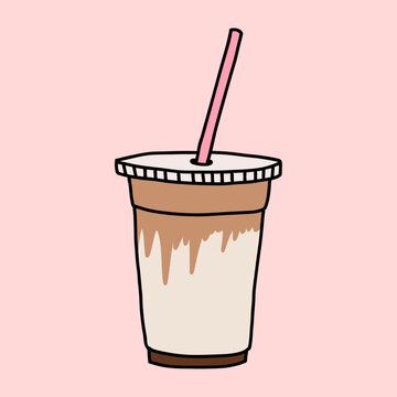 Cold Coffee with Syrup on a Takeaway Glass with Straw Vector Illustration
