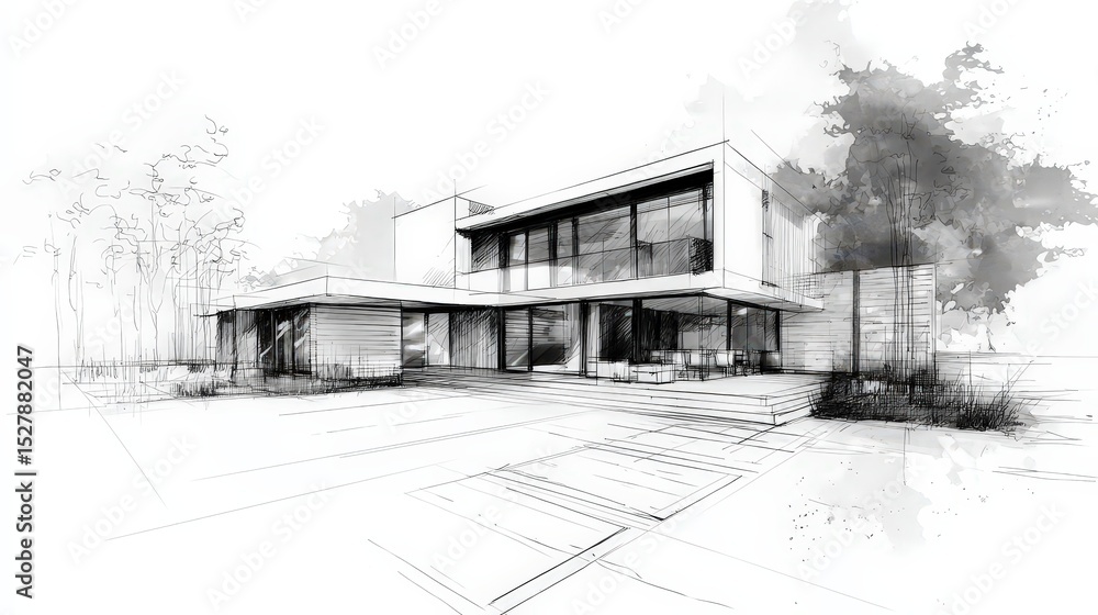 Poster modern architectural sketch of a spacious two-story house with large windows and surrounding trees, 