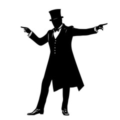 a black and white silhouette of a man dressed in a suit and top hat pointing a gun black, coat, dress, gun, hand, hat, illustration, man, point, silhouette, stand, suit , Generative art.