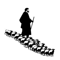 a black man leading a herd of sheep with a stick black, flock, herd, lead, man, person, sheep, shepherd, stick, walk , Generative art.