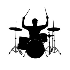 black silhouette of a man playing drums on a white background black, drum, drummer, man, play, silhouette , Generative art.
