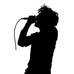 a black and white silhouette of a man singing into a microphone black, man, microphone, silhouette, singe, singer , Generative art.