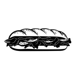 black and white illustration of a sandwich with meat, lettuce, tomato and cheese black, bun, cheese, icon, illustration, ingredient, lettuce, logo, meat, sandwich, tomato , Generative art.