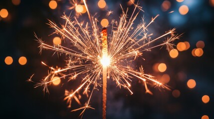 A close-up shot of sparkling fireworks with shimmering trails, reflecting on a calm body of water, creating a magical atmosphere under a starry night.