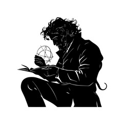 a black and white drawing of a man sitting reading a book and smoking a pipe art, black, book, drawing, globe, illustration, man, pipe, silhouette, sit , Generative art.
