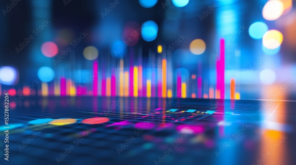 Poster A close-up view of a financial chart with various colored lines depicting market performance over time, set on a sleek desk with a blurred background.