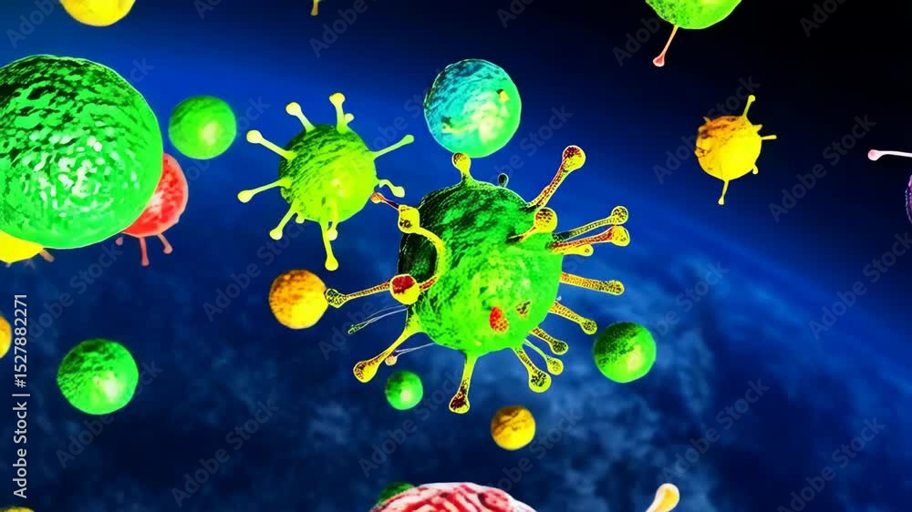 Poster flu virus cells on a microscopic level floating in a dark atmosphere showing possible infection with