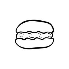 Macaron with cream in simple hand drawn doodle style. Sweet pastry outline icon. Cute minimalist doodle vector illustration. Great for dessert packaging, cafe menus, and sweet branding.