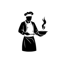 a black and white icon of a chef in an apron holding a frying pan with hot food apron, black, chef, cook, flame, food, frying pan, hand, hold, hot, icon , Generative art.