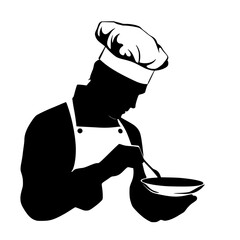 a black and white silhouette of a chef holding a spoon and a bowl of soup black, bowl, chef, cook, food, hat, hold, illustration, silhouette, soup, spoon , Generative art.