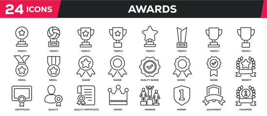 Set of collection line icons related award, medal, trophy, success. Editable stroke. Perfect pixel on transparent background