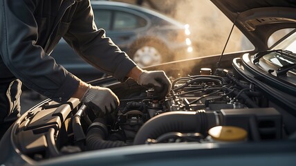 Mechanic inspecting car engine under hood repairing vehicle in automotive workshop.