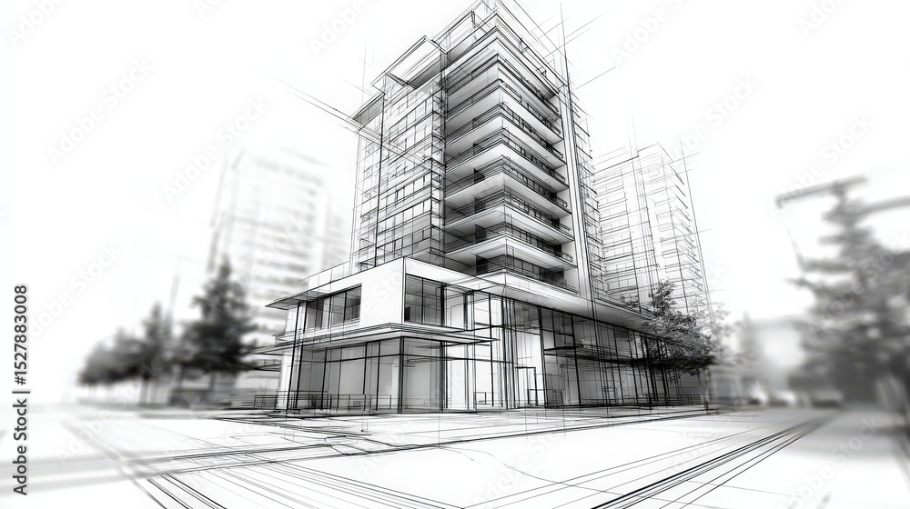 Aufkleber a detailed architectural wireframe sketch of a modern multi-story building with surrounding urban el