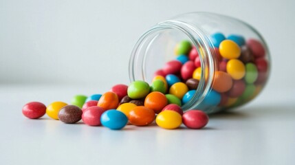 A colorful assortment of round candies spilling out of a glass jar onto a white table