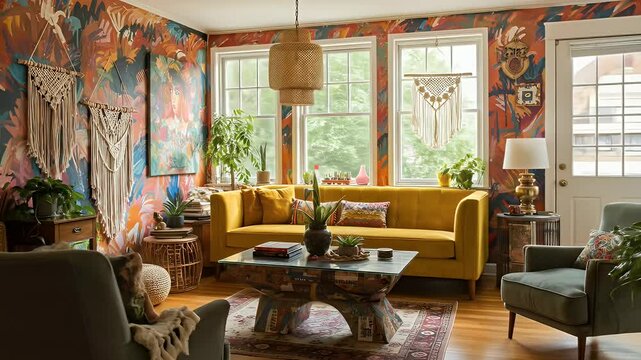 Bohemian living room interior design photography