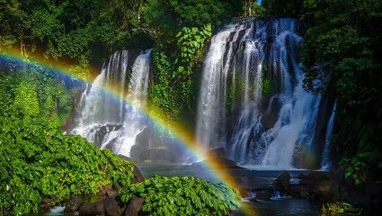 Obraz premium Majestic waterfall cascading through lush greenery with a vibrant rainbow displaying the beauty of nature and its phenomenal.