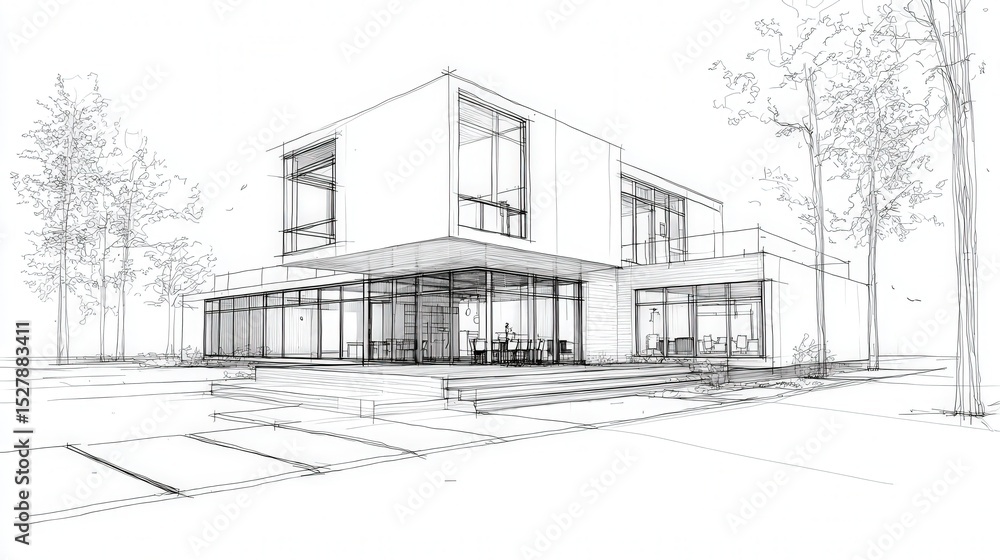 Aufkleber modern architectural sketch of a two-story building with large windows, surrounded by trees and an o