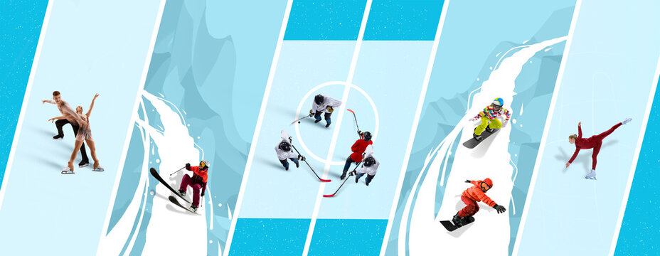 Collage. Winter sports composition showing ice dancers, skiers, hockey match, snowboarders, and solo figure skater performing on icy blue vertical lanes. Concept of winter games and dynamic motion