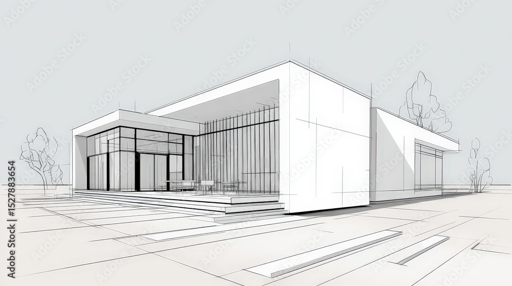Poster modern architectural sketch of a minimalist building with large glass windows and clean geometric li