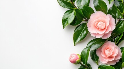 Fototapeta premium Isolated camellia flower with green leaves and pink petals on white background