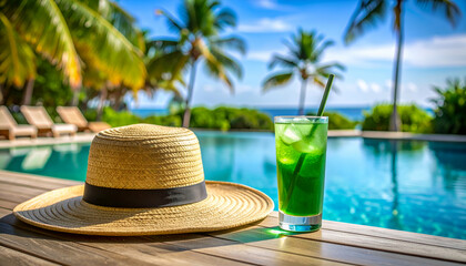 Tropical Vacation Paradise Infinity Pool, Cocktail, and Relaxation