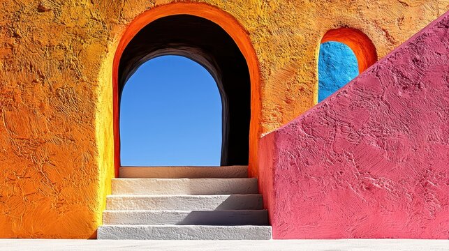 Bright Orange and Pink Building Exterior with Arch and Staircase - Powered by Adobe