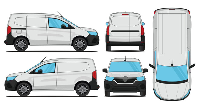 Car vector van kangoo - Van mockup car vector for branding on isolated white background. Side, Front, Rear, Top Views.eps