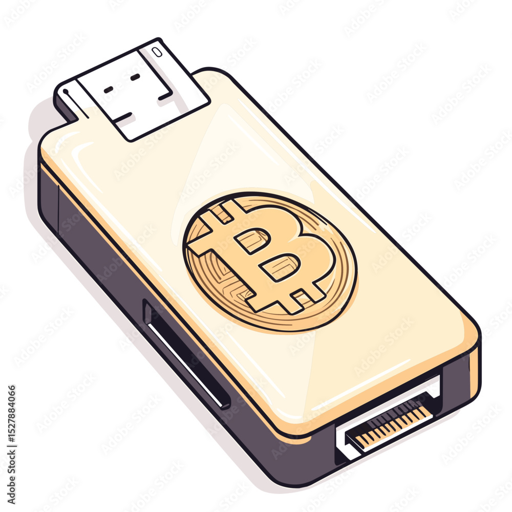 Poster isometric digital representation of beige cryptocurrency usb drive for secure data storage and elect