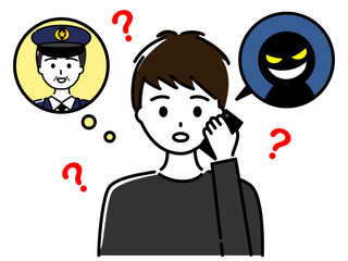 偽警察官の電話をうけ疑う若い男性（上半身）