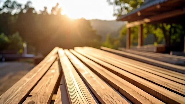 Wooden planks of a deck bathed in warm sunlight, creating a serene outdoor atmosphere surrounded by green trees on the horizon.